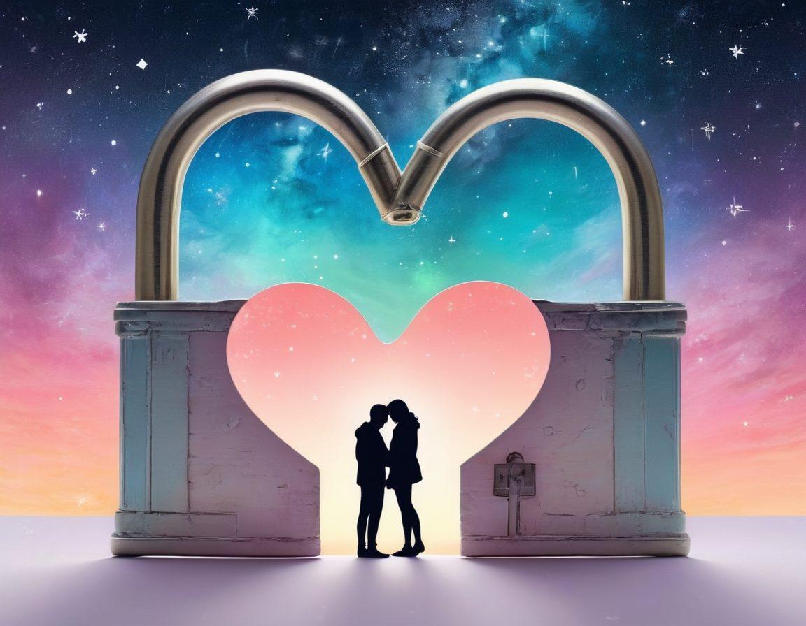 A heart-shaped lock being opened to reveal glowing keys labeled 'Trust', 'Communication', and 'Adventure'. Surrounding the lock are silhouettes of a diverse couple holding hands under a starry sky, symbolizing deepening intimacy. Soft pastel colors enhance the warmth of love and connection. Illustrative style. vibrant colors. white background.