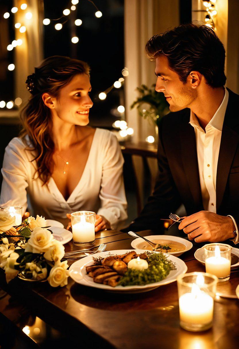 A cozy candle-lit dinner setting with two plates of gourmet food, surrounded by intimate details like soft flowers and glimmering fairy lights. In the background, a couple is engaged in a deep conversation, their expressions conveying warmth and connection. The scene should evoke a feeling of romance and intimacy, with a subtle hint of creativity highlighting the theme of innovative approaches to enhance romance. soft-focus, warm tones, cinematic lighting.