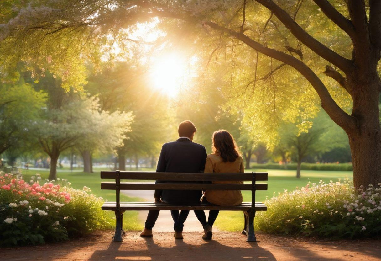 A serene couple sitting on a park bench, holding hands, surrounded by blooming flowers symbolizing love and trust. Soft golden sunlight filters through the trees, creating a warm and inviting atmosphere. Include symbols of connection like intertwined hearts and a subtle heart-shaped cloud overhead. The scene should evoke feelings of warmth, intimacy, and commitment. super-realistic. vibrant colors. natural setting.